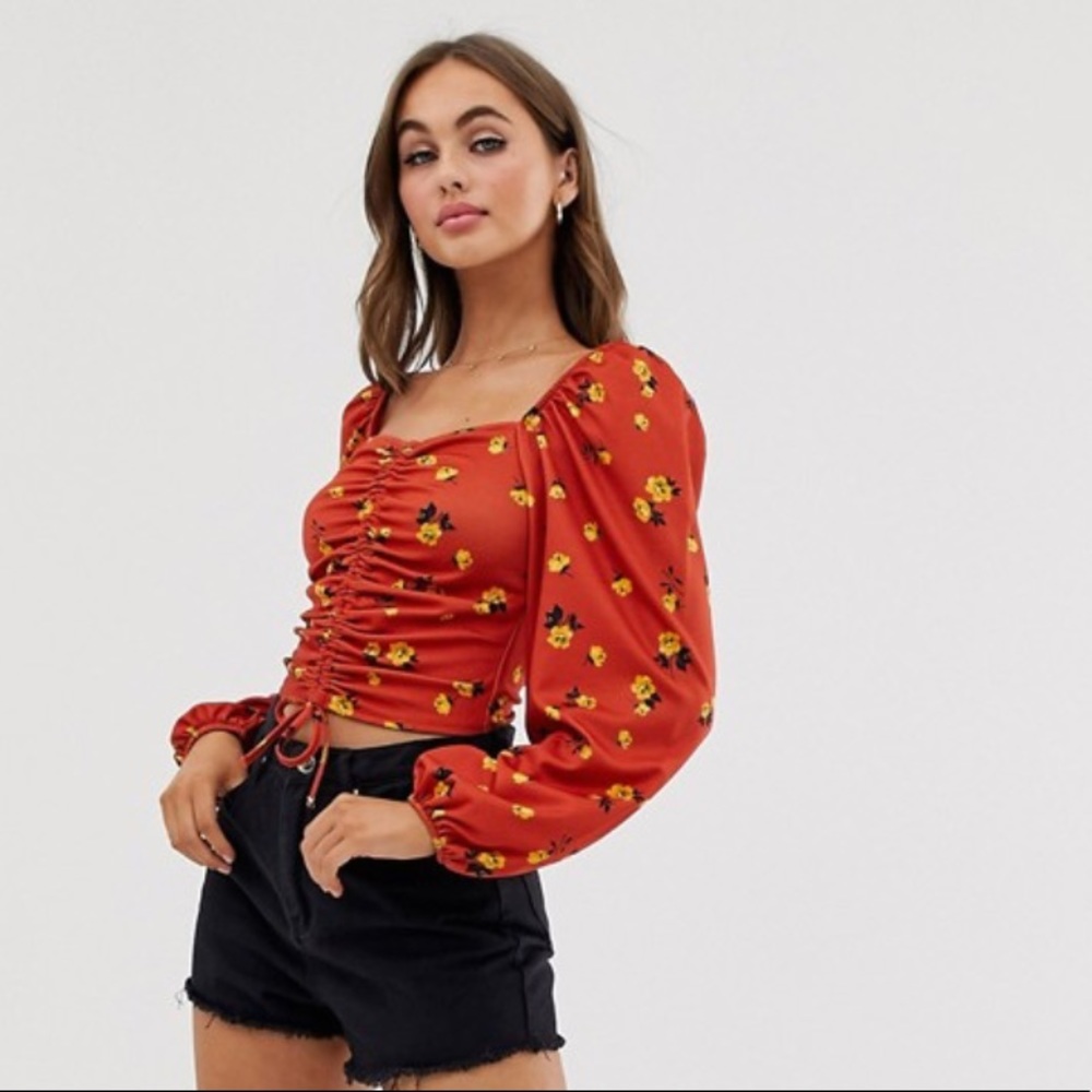 Women’s Flower Print Puff Sleeve Crop Top
